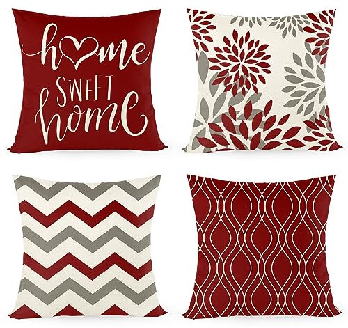 Joyshare Kissenbezug 40x40 4er Set,Dekorative Sofakissen Kissenbezüge Leinen,Home Sweet Home Rot Kissenhülle mit Verstecktem Reissverschluss,45×45cm Rot