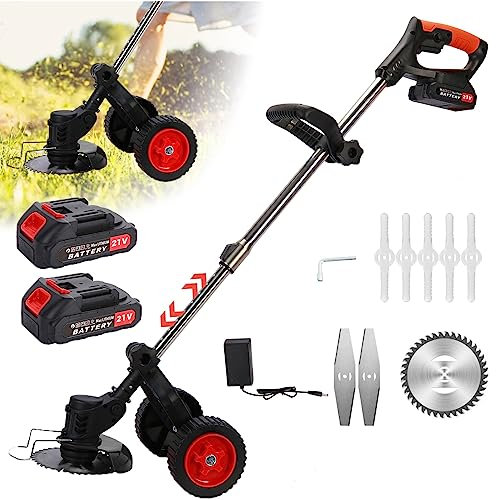 Akku Rasentrimmer mit und Ladegerät, 21V 2000mAh Kabelloser Kantenschneider Teleskopstange, Rotieren Messerkopf für Garden, Rasen, Dornbusch Trimmen (21V)
