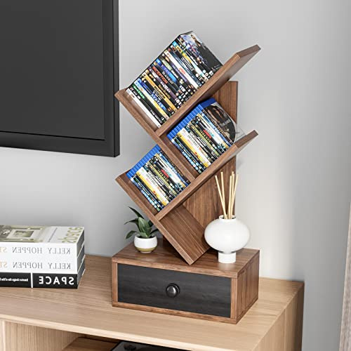GIANTEX Bücherregal 5 Ebenen mit Schublade, Baum Bücherregal auf dem Tisch, CD DVD Regal klein, Standregal in Baumform, Aktenregal Aufbewahrungregal Holz, freistehendes Holzregal 30x17,5x60 cm (Braun)