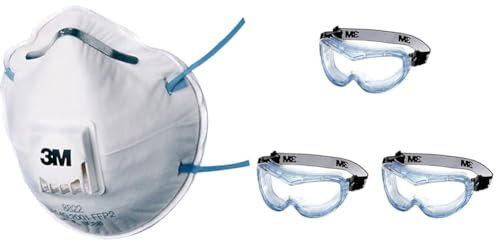 3M Atemschutzmaske Serie 8000 8822 FFP2 NR D mit Cool-Flow Ausatemventil & Fahrenheit Schutzbrille 71360-00012, Vollsichtbrille, Kratzfest, Staubdicht