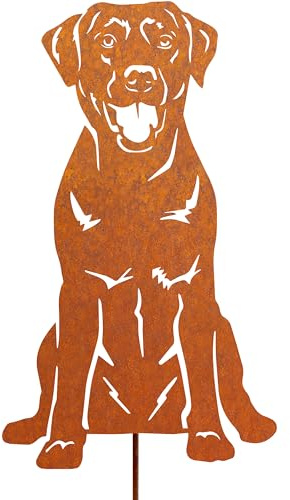 JYUECIAN Labrador retriever Cane Ruggine Decorazioni Giardino per Esterno, Arrugginito Spina Paletti da Giardino, Figura di Cane Metallo