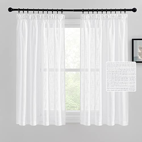 PONY DANCE Visillos Cortos para Ventanas, Blancas Dormitorio 2 Piezas, Cortinas Translucidas con Aspecto de Lino para Riel con Ganchos, 140x145CM, Blanco