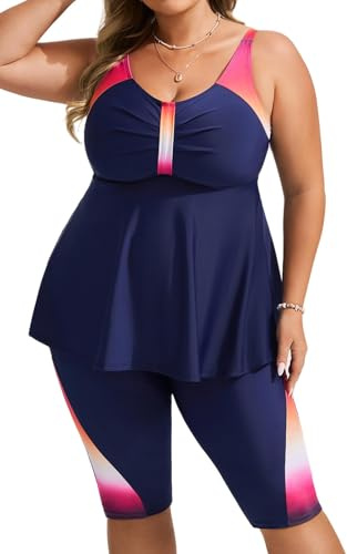 Hanna Nikole Women's Plus Size Tummy Control Beachwear Push Up Tankini High Waist Swim Shorts Red Pink Blue Gradient 20