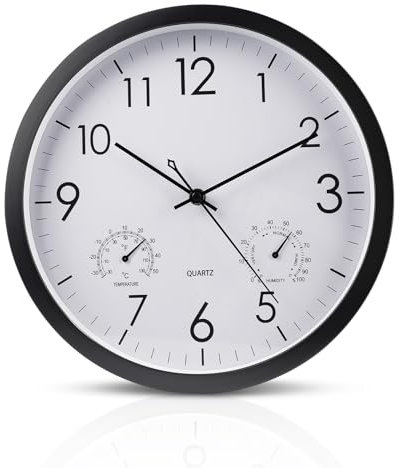 WIYETY Orologio da parete silenzioso nero: orologio da cucina con termometro e igrometro, orologio da esterno, orologio da giardino, orologio da parete grande, orologio da esterno per la terrazza