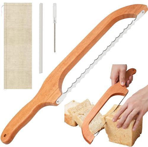 SUQ Affettatrice di Pane Serrata, Coltello di Legno di Arco del Pane, Sega di Arco del Pane per Affettare, Utensile di Taglio del Pane Portatile con Corda Appesa, Serrazioni Bilaterali