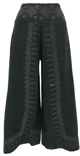 GURU SHOP Palazzohose, Hosenrock, Bedruckte Natürliche Boho Schlaghose, Sommerhose - Schwarz, Damen, Size:XL