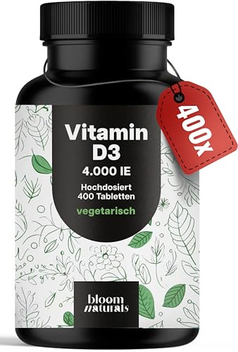 Vitamin D3 4000 IE hochdosiert - 400 Tabletten - vegetarisch & produziert in Deutschland - Verpackung kann variieren