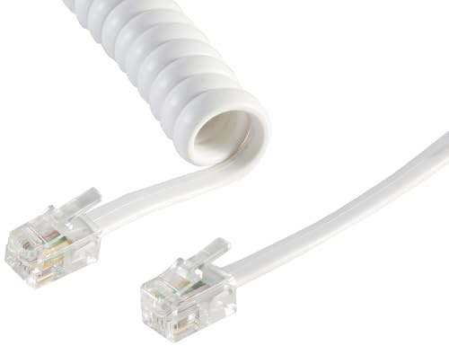 1aTTack.de 5 x 2 m – Câble téléphonique RJ10 (également appelé RJ9, RJ22) – Câble spiralé pour combiné téléphonique – Fiche téléphonique RJ10 – Câble de téléphone fixe – Blanc