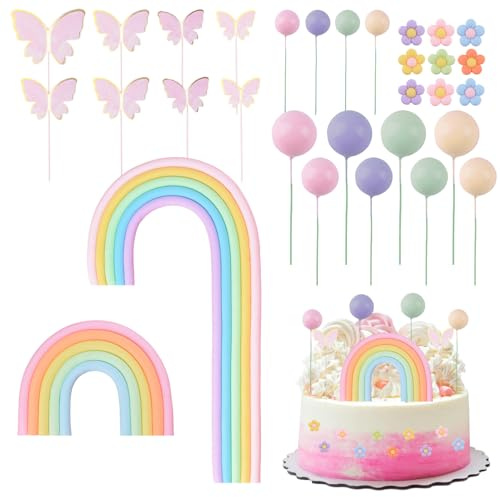 URROMA Rainbow Cake Toppers Set,Soft Pottery Colorful Cake Picks Cake Decor Supplies for Birthday Parties & Weddings Dessert Bread Ice Cream Decoration