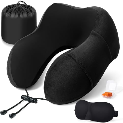 Zepphi Almohada de Viaje Cuello, Almohada Cervical para Avión Coche Tren Oficina, Cojin Cuello Viscoelastica de Espuma Memoria, Ajustable y Compacta, con Máscara de Ojos, Tapones y Bolsa