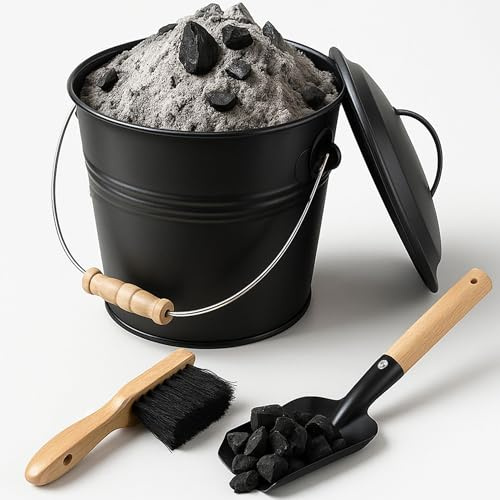 Wacloud Kit secchio per cenere con coperchio, pala e spazzola, in metallo, per stufe a legna, braciere e barbecue, manico in legno facile da trasportare, resistente al calore, pulizia senza sporcare