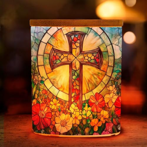 Cross Flowers Graphic Printing Glass LED Candle Holder,Votive and Tealight Candle Holder,LED Candle Trinket Jar,Holiday Decor 2.8D x 3.5H inches