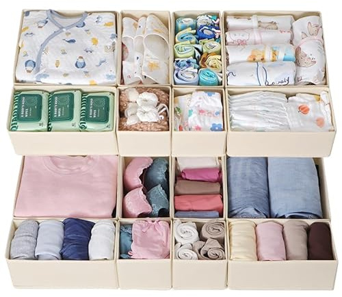 ORLISA Set med 16 lådorganiserare kompatibla med HEMNES byrå och andra lådsystem, vikbara förvaringslådor för kläder, modulärt användbara för garderob och skötbord, beige