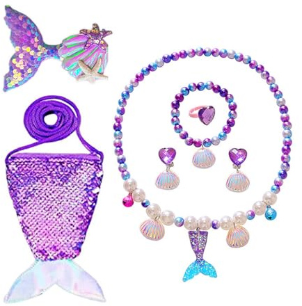 WIRZUL 7 Stück Meerjungfrau Kinder Schmuckset Mädchen Schmuckkästchen Klein, Meerjungfrauenflosse Mädchen Tasche, Halsketten, Ohrringe, Armbänder Ringe für Party Dress Up Geschenk(Lila)