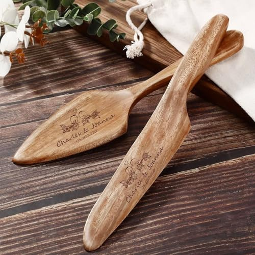 Juego De Cuchillos Para Tartas De Madera Grabados Personalizados - Juego De Cuchillos Para Tartas, Regalo De Boda Para Parejas, Aniversario, Compromiso, Decoración Rústica Para Cumpleaños