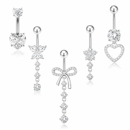 ACKKOR, 5 pz, Barre per ombelico, argento pendenti, Cuore Fiocco, Gioielli per piercing all'ombelico, per donna
