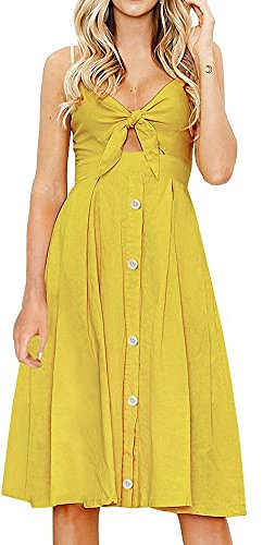 Fancyinn Robe Femmes sans Manches Boutonnee Floral Imprime Spaghetti Strap Button Down Robe Midi, Blé Jaune, S(34-36)