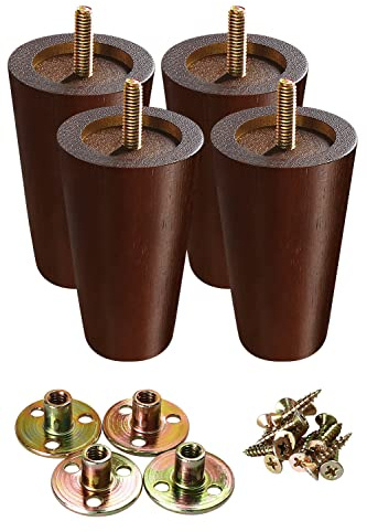 GOSCHE Wood Furniture Legs 4 Inch, Round Brown Sofa Legs Set of 4, Chair Legs, Replacement Couch Legs for Armchair, Cabinet, Mid Century Modern Dresser Or Home DIY Projects Bun Feet