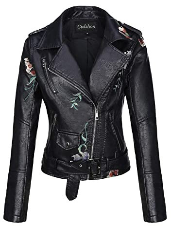 Giolshon Chaqueta de Cuero Sintético para Mujer Abrigo Corto de Motociclista de Otoño Elegantes, Floral de Moto 1702020 Negro M