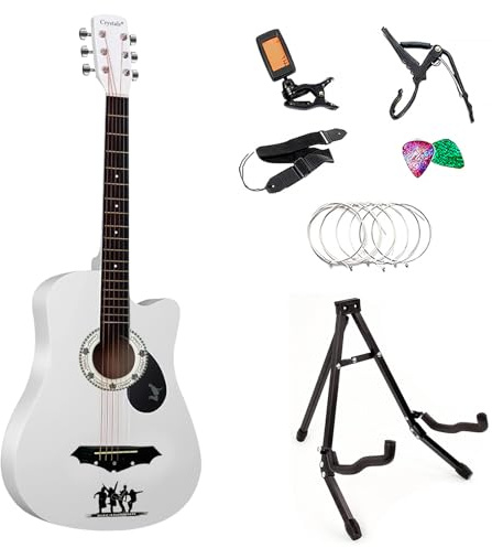 Crystals Acoustic Guitar Full Package Pack with Accessories - 4/4 Size 38 Classic 6 Strings (White + Guitar Stand)