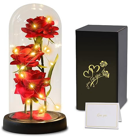 Beauty and the Beast Rose Gifts for Women, Forever Red Rose with Light Enchanted Silk Rose in Glass Dome, Light Up Rose Flowers, Gift for Mom Grandmother Grandma for Wedding,Birthday, Anniversary