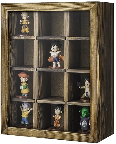 MyGift Shadow Box with Shelves, Display Case with 12 Compartments for Collectibles, Rustic Burnt Solid Wood with Cork Back, Clear Acrylic Viewing Panel, Hinged Door with Magnetic Closure