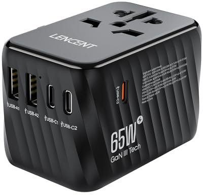 LENCENT Internationaler Reiseadapter, 65W GaN3 Universeller Adapter mit 2 USB A+3 Typ C PD, Weltweiter Stromadapter für Handys, Laptops, All in One Reisestecker für EU/USA/UK/AU Steckdosen, Schwarz