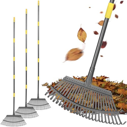 Therwen 3 Stück Gartenrechen für Gartenarbeit, 185,4 cm lang, Edelstahlrechen mit 25 Metallzinken, 46,5 cm breit, Metallrechen für Blätter, verstellbarer Griff, robuste Rechen für Laubgras,