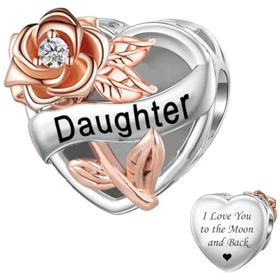 ZakiaHo Heart Daughter Charms for Bracelets I Love You to the Moon and Back Rose Flower Birthday Gifts for Women Compatible with Pandora Charms Bracelets