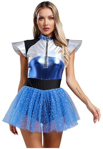 Miutii Women's Alien Astronaut Cosplay Costume Tulle Skirt Leotard Alien Dress Jumpsuit Halloween Fancy Dress Up Blue M