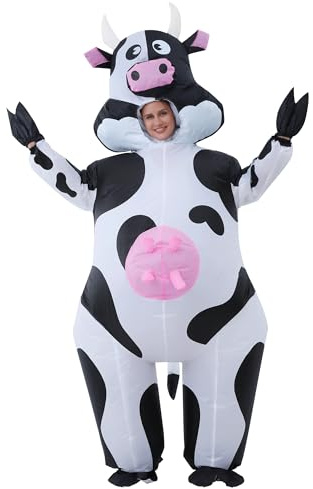 JOYBRO Costume Gonflable de Vache pour Adultes, Costume de Vache Amusant, Déguisement Animal Drôle pour Hommes et Femmes, Idéal pour Halloween, Noël, Carnaval, Fêtes à Thème, Taille Unique 160-190 cm