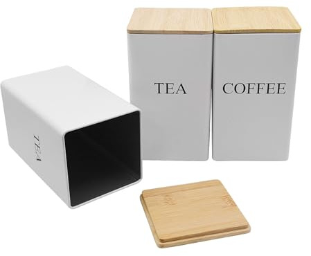 Toolzia Juego de 3 botes de té y café, con tapas de bambú, apilables, fáciles de abrir, herméticos, para almacenamiento de alimentos, color blanco