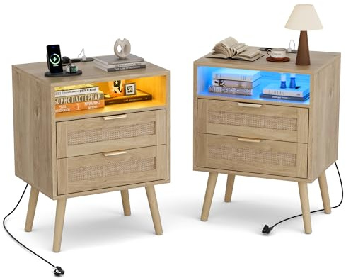 BonVache Table de Chevet Lot de 2 avec Lumière Réglable, Table de Nuit, Prise intégrée et Ports USB-A & C, Compartiment Ouvert et 2 Tiroirs en Cannage, Pieds en Bois Massif, Style Rotin Naturel