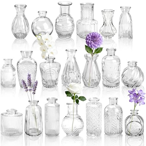 BTSD-home 20 Pack Clear Glass Bud Vases for Wedding Table Decorations | Mini Vases Clear High Clarity Glass Etched Vintage Patterns Florist Display Set Reusable Event Decor Great Value Bulk