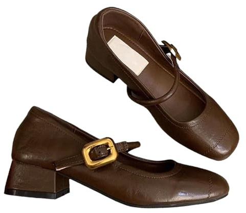 Scarpe Mary Jane da donna, con tacco basso, décolleté da donna, graziose, con punta quadrata e fibbia, classiche scarpe da balletto con punta quadrata per l'uso quotidiano, Marrone, 39 EU