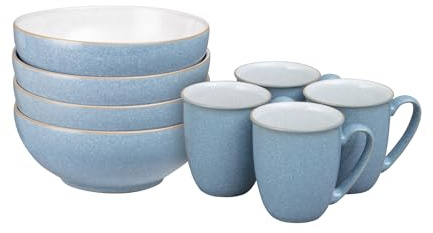 Denby - Elements Coffee Mug & Cereal Bowl 8 Piece Set - Blue Glaze Dishwasher & Microwave Safe Stoneware - 4 x 330ml Tea Cups & Cereal Bowls for Soup - Ceramic, Chip Resistant for Everyday Use