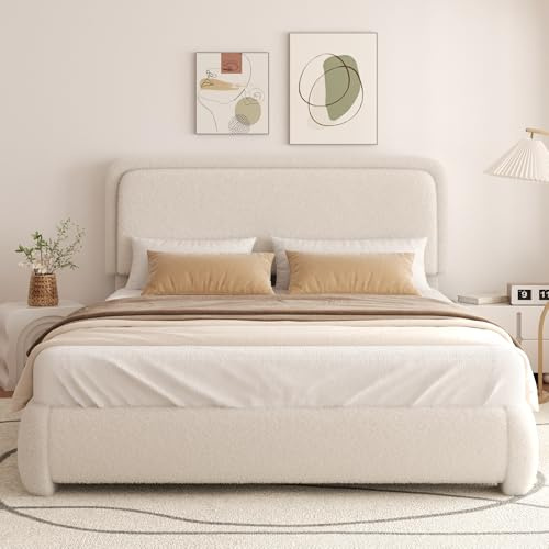 viplov Polsterbett 140 x 200cm,Doppelbett,höhenverstellbarem Kopfteil Bettrahmen,Bett mit Lattenrostmit,Teddystoff,Geeignet für Schlafzimmer,beige