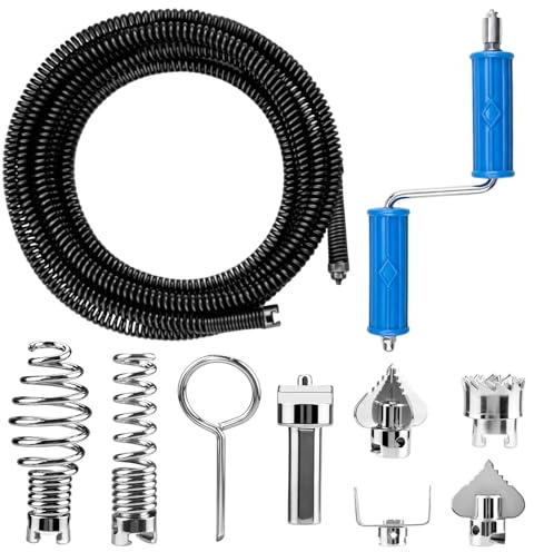 Spirale de nettoyage de tuyau de 5 m – 12 mm avec 6 têtes de coupe et outil à main, outil de débouchage à manivelle pour évier de cuisine, drainage de salle de bain, nettoyage de tuyaux d'égout