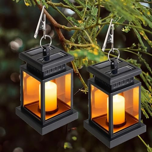 SKIKHN Lámpara Solar para Exterior con Vela LED, 2 Piezas de Lámpara Solar para Exterior, IP65 Resistente al Agua Colgante, Lámparas Solares de Jardín, Velas con Clips para Balcón, Patio, Jardín