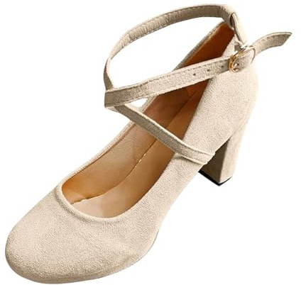 Klackskor damer beige plattform, höga klackar damer blockklack chunky kostymskor platå brudskor bekväma spännpumps breda fötter bröllopsskor ultralätta rempumps