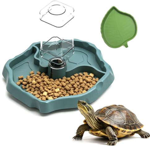 2 in 1 Automatic Reptile Food Water Bowl with Leaf Plate Dish, 2 Pcs Reptile Feeding Dish Automatic Dispenser Feeder Waterer, Tortoise Accessories for Turtles, Geckos Lizards Chameleons Snakes Frogs