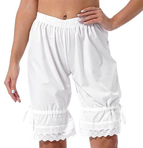 TiaoBug Pantalones Cortos de Seguridad Lolita Bloomers Mujer Color Sólido Blanco Retro Victoriana Elegante Encaje con Volantes Pantalones Cortos Calzoncillos Bloomers Blanco L