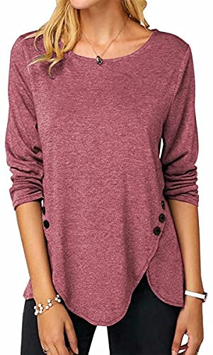 ASKSA Femme T-Shirt à Manches Longues Chemise à Col Rond Tops Lâche Long Tshirts Blouse Tunique avec Boutons (Rose Rouge,XL)