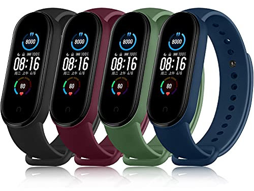 Funeng 4-Stück Kompatibel mit Xiaomi Mi Band 5 Armband/Mi Band 6 Armband, Weiches Silikon Ersatz Uhrenarmbänder für Xiaomi Mi Band 6/5 (Schwarz/Weinrot/Armeegrün/Marineblau)