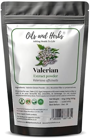 Organic Valerian Root Extract Powder by Oils and Herbs UK (10:1) High Strength - 100% Pure Free from Any Addictive or Sugar (50)