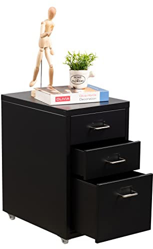 HollyHOME Mobiler Aktenschrank mit 3 Schubladen, rollbarer Aktenordner unter dem Schreibtisch, Aufbewahrungsschrank aus Metall mit Rollen für Zuhause und Büro, Schwarz