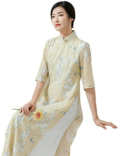 Damen-Tai-Chi-Kleidung, Kampfsport-Anzug, locker, langärmelig, chinesischer Stil, Meditation, schräges Revers, langer Rock, Schnürkleid mit 3/4-Ärmeln, Gelb-L