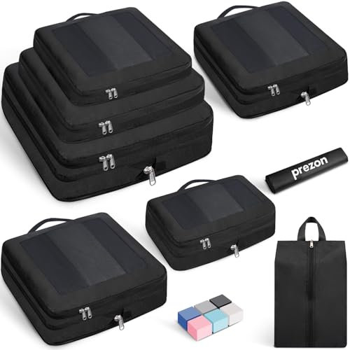 Prezon Set de 8 cubes de rangement à compression extra-forte, sacs spacieux en maille respirante et nylon, adaptés au rangement de vêtements et chaussures pour maison ou voyages - Noir