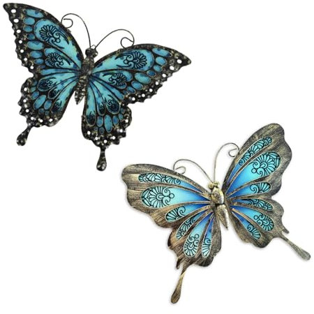 Liffy Metal Butterfly Wall Decor,2Pack 12 Hanging Glass Butterfly Outdoor Decor,Garden Decorative Ornaments Outside for Home,Yard,Fence,Patio