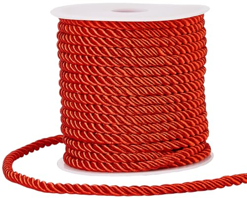 SOFPLATE 20M/21.87 Yards Twisted Cord Rope Decorative Cording Trim 5mm Red Polyester 3-Ply Silk Twine String Twist Braided Thread Graduation Honor Cords for Home Decor Bag Upholstery Curtain Tieback